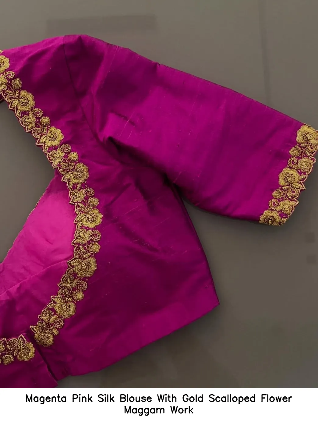 Magenta Pink Silk Blouse With Gold Scalloped Flower Maggam Work