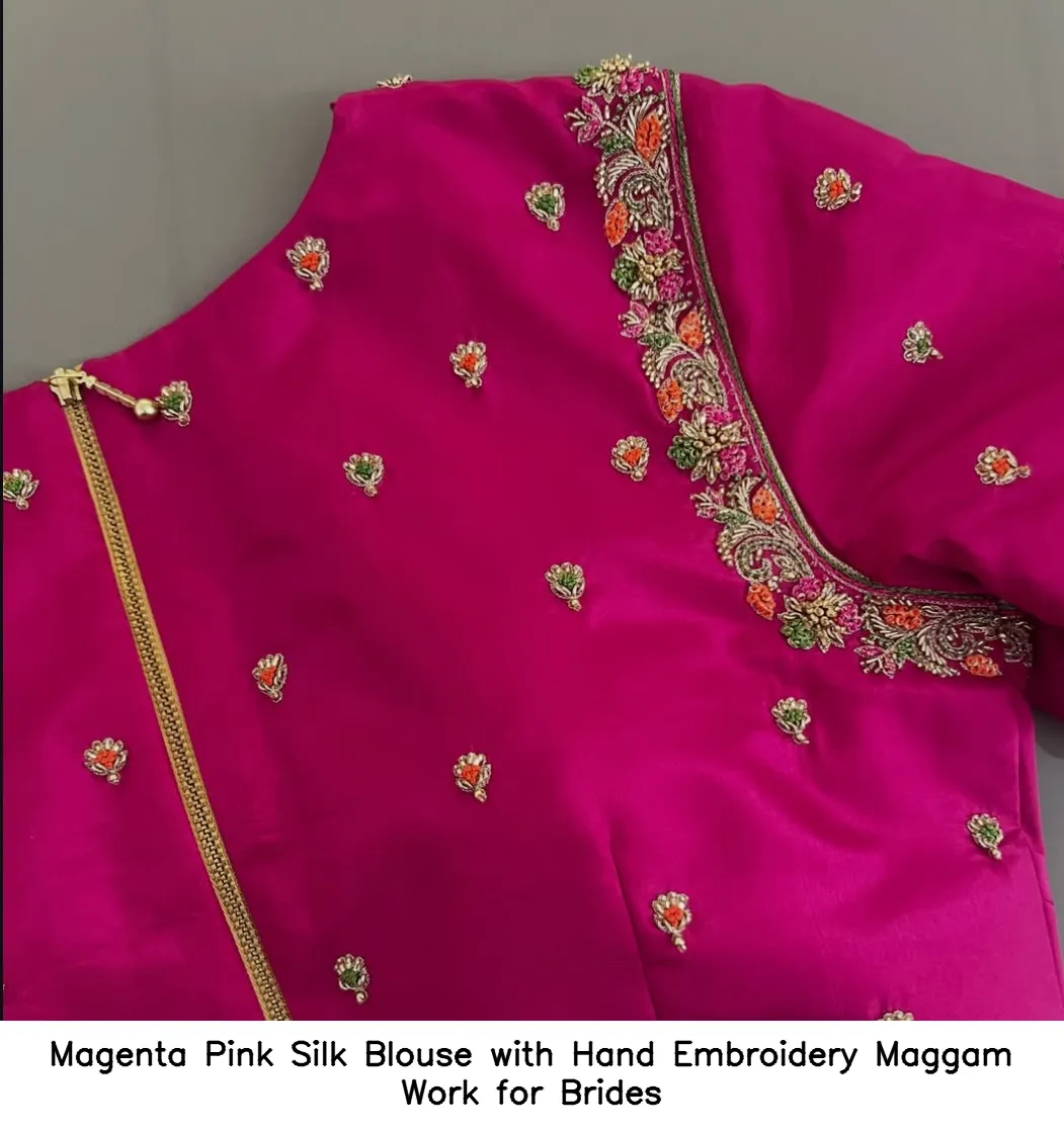 Magenta Pink Silk Blouse with Hand Embroidery Maggam Work for Brides