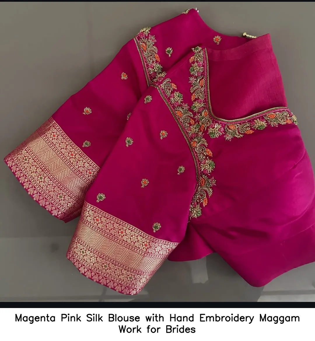 Magenta Pink Silk Blouse with Hand Embroidery Maggam Work for Brides