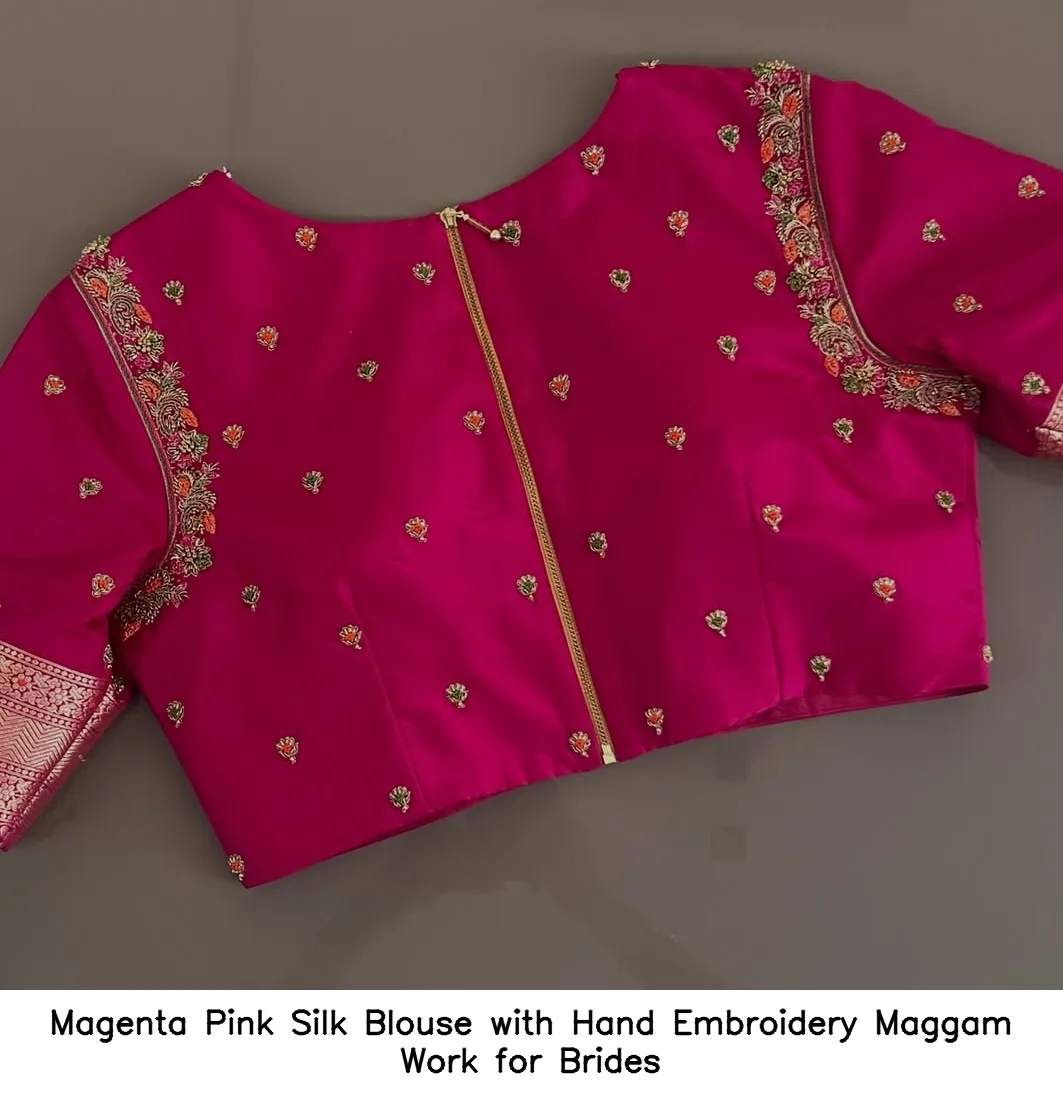 Magenta Pink Silk Blouse with Hand Embroidery Maggam Work for Brides