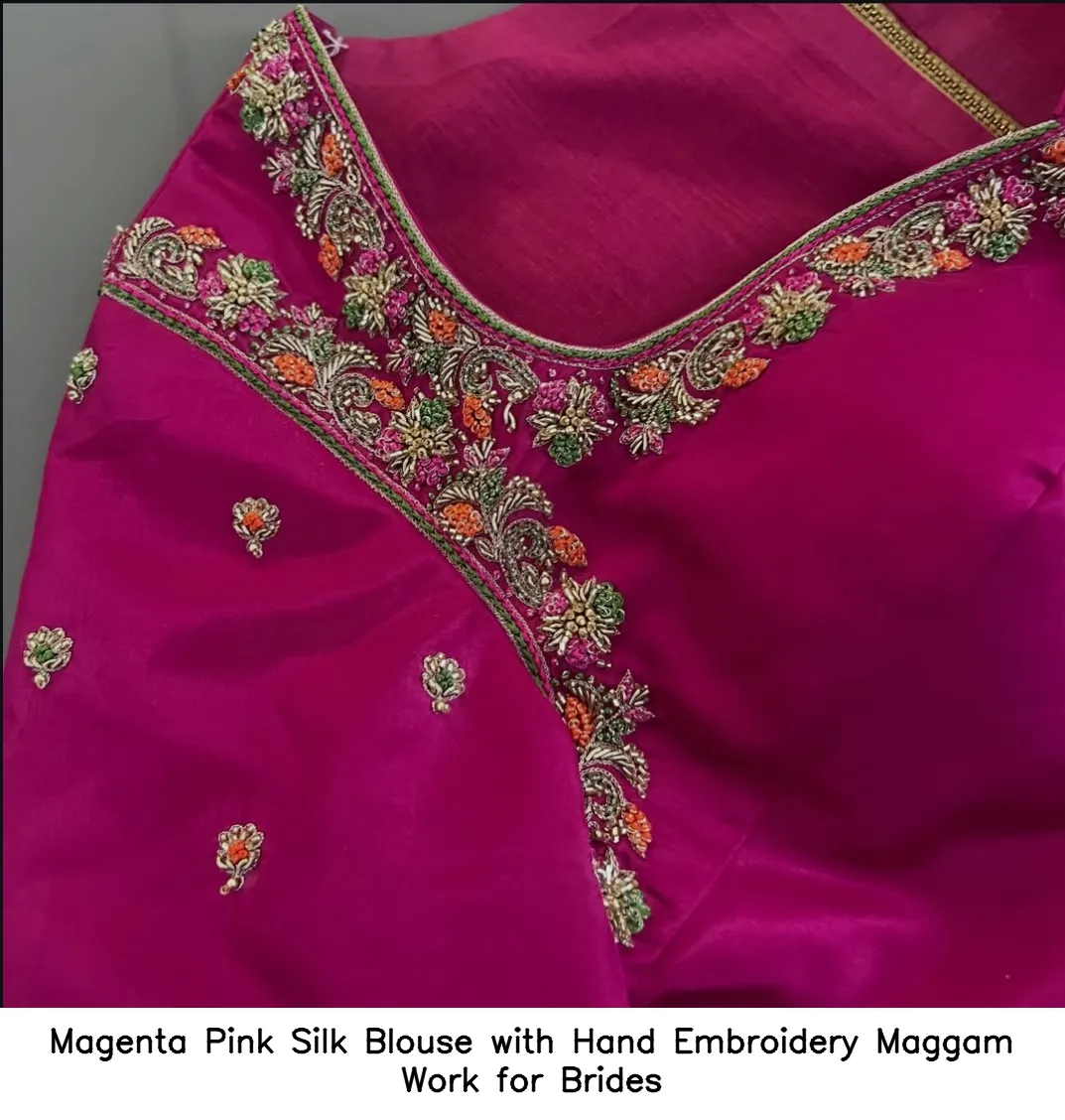 Magenta Pink Silk Blouse with Hand Embroidery Maggam Work for Brides