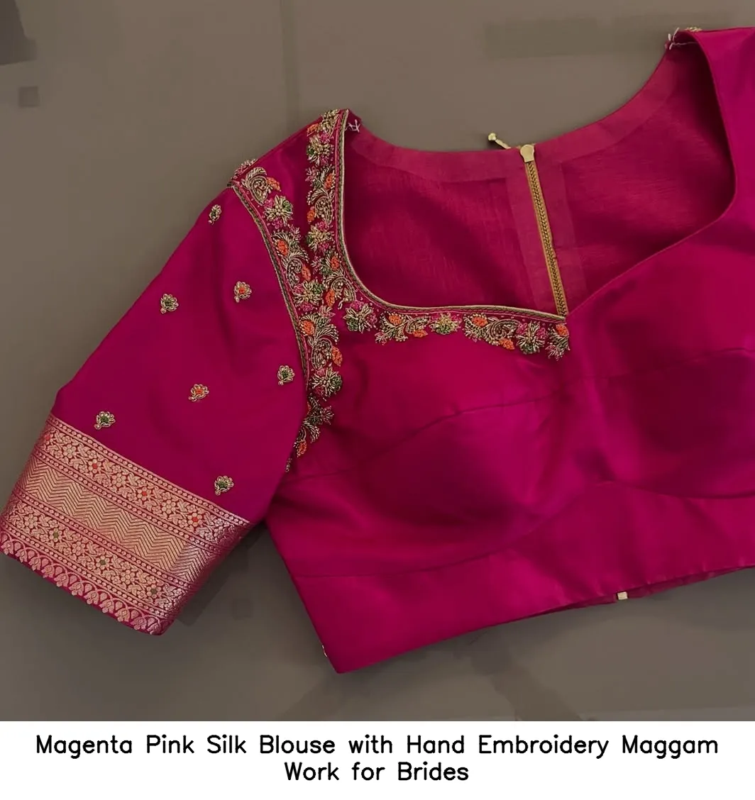 Magenta Pink Silk Blouse with Hand Embroidery Maggam Work for Brides