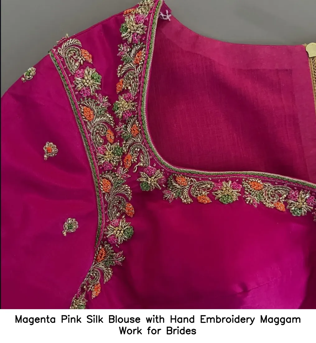 Magenta Pink Silk Blouse with Hand Embroidery Maggam Work for Brides