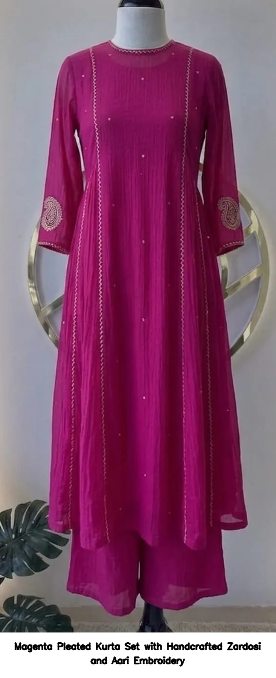 Magenta Pleated Kurta Set with Handcrafted Zardosi and Aari Embroidery