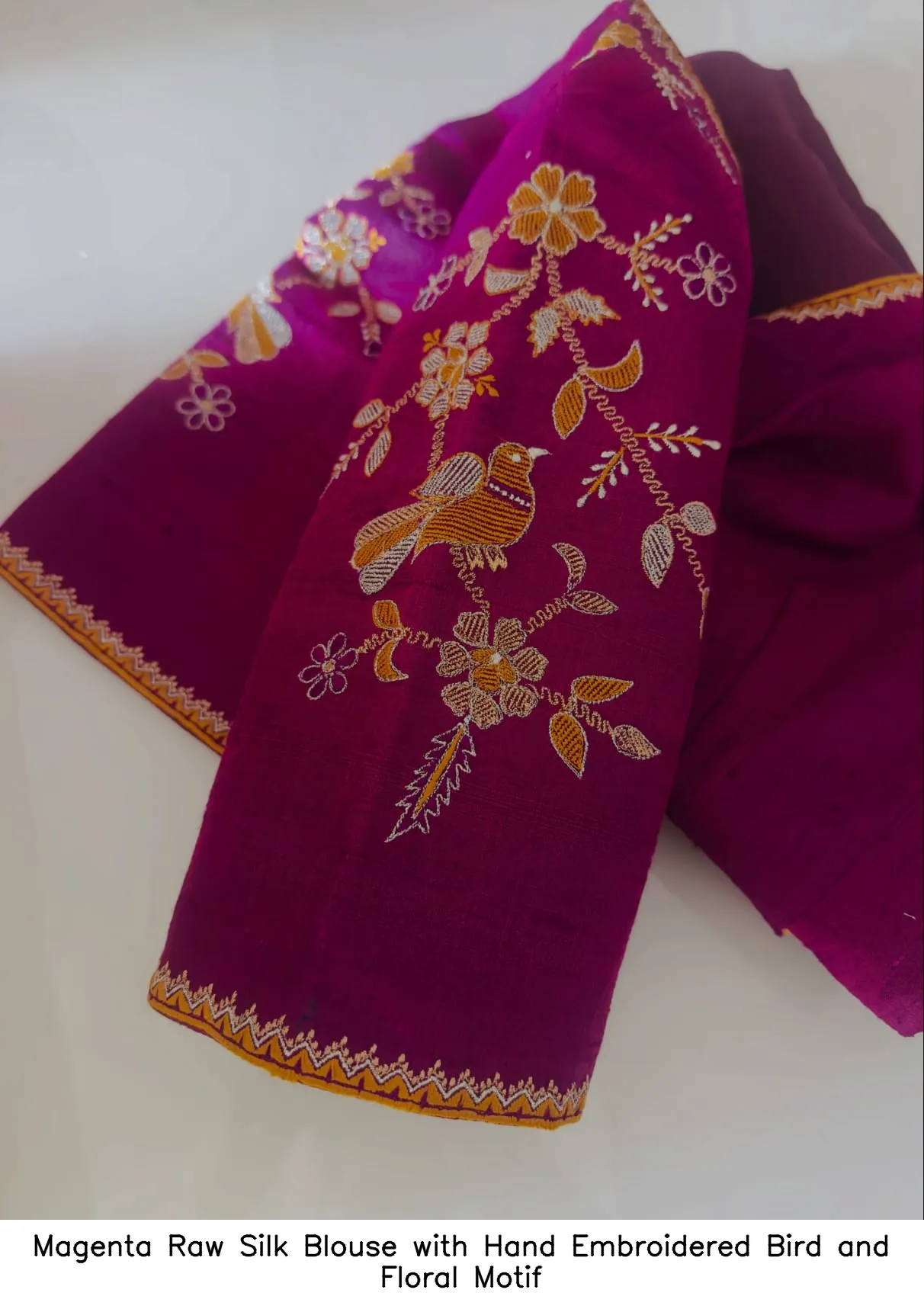 Magenta Raw Silk Blouse with Hand Embroidered Bird and Floral Motif