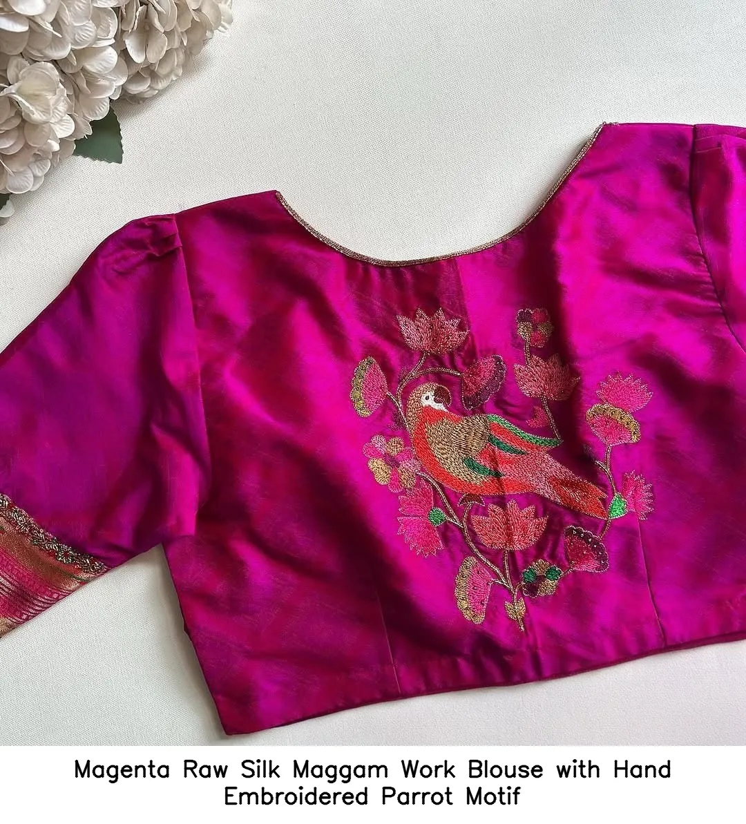 Magenta Raw Silk Maggam Work Blouse with Hand Embroidered Parrot Motif