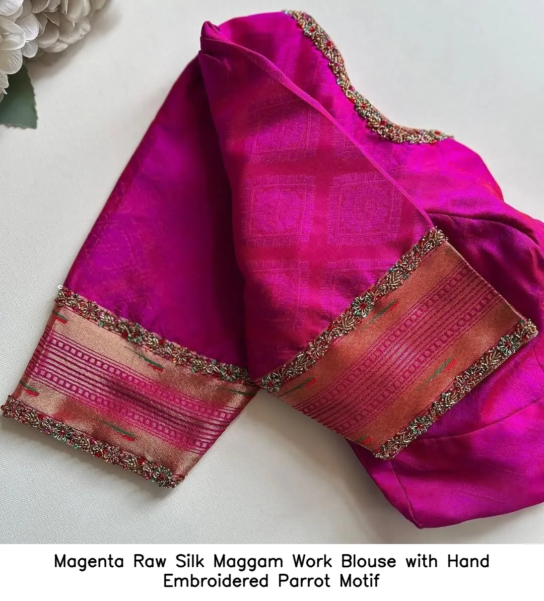 Magenta Raw Silk Maggam Work Blouse with Hand Embroidered Parrot Motif