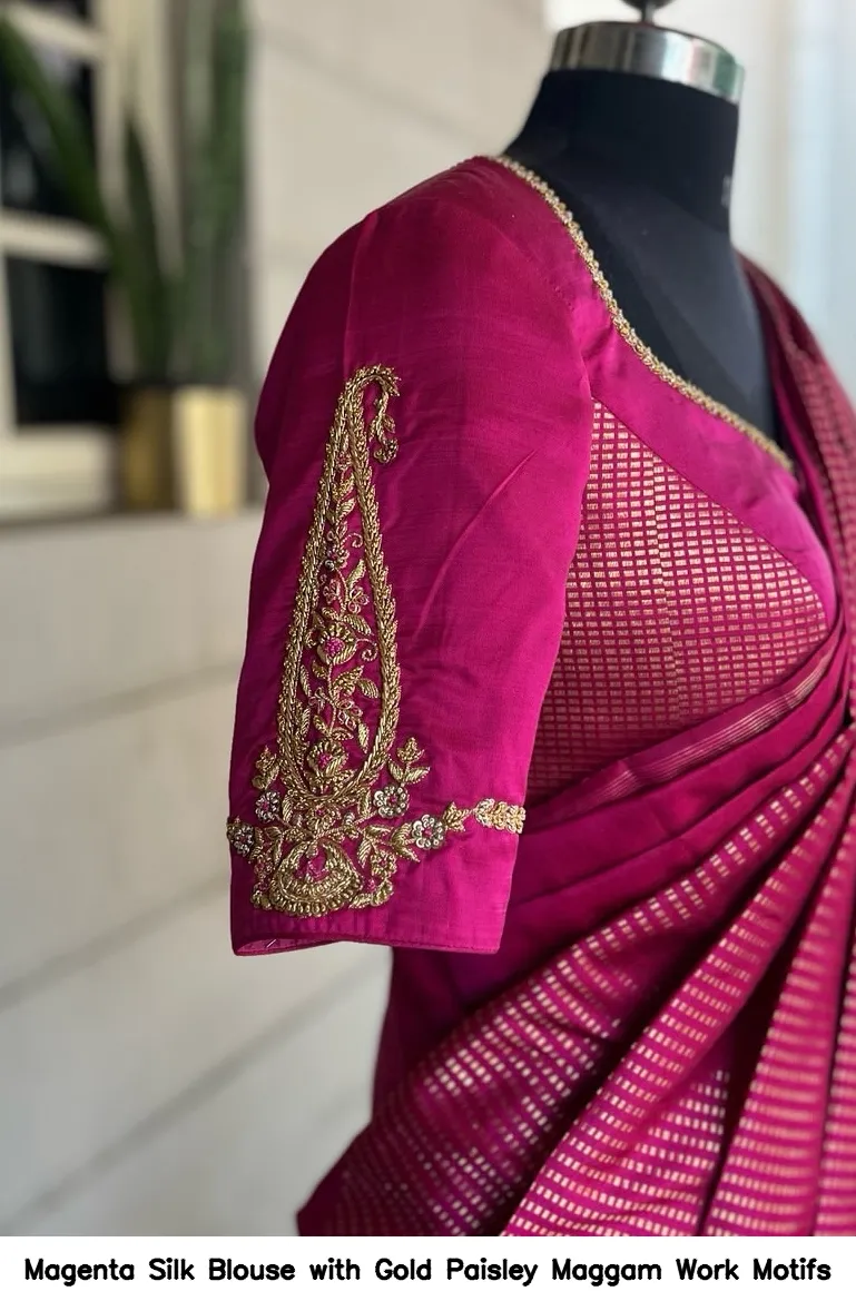 Magenta Silk Blouse with Gold Paisley Maggam Work Motifs