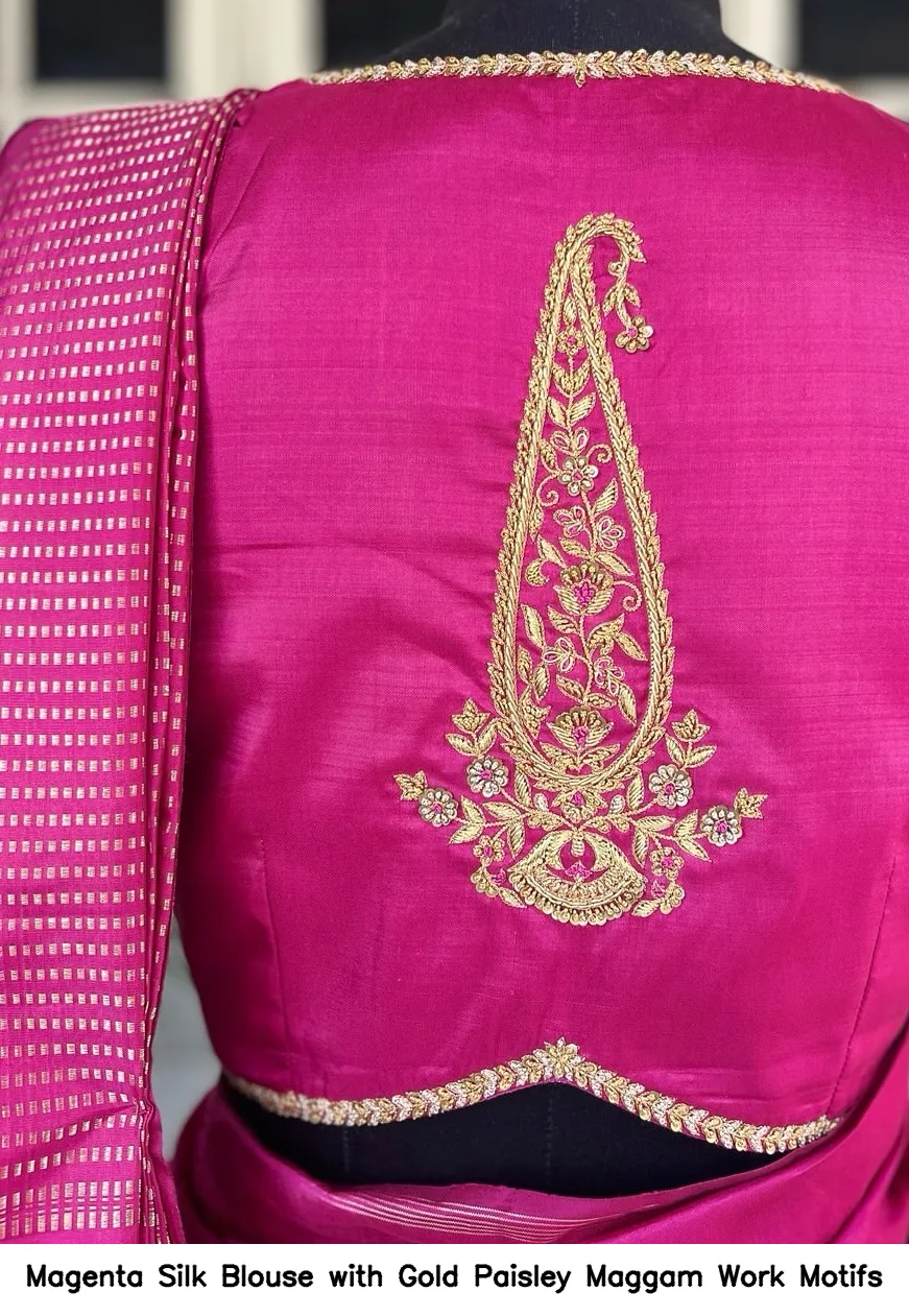 Magenta Silk Blouse with Gold Paisley Maggam Work Motifs