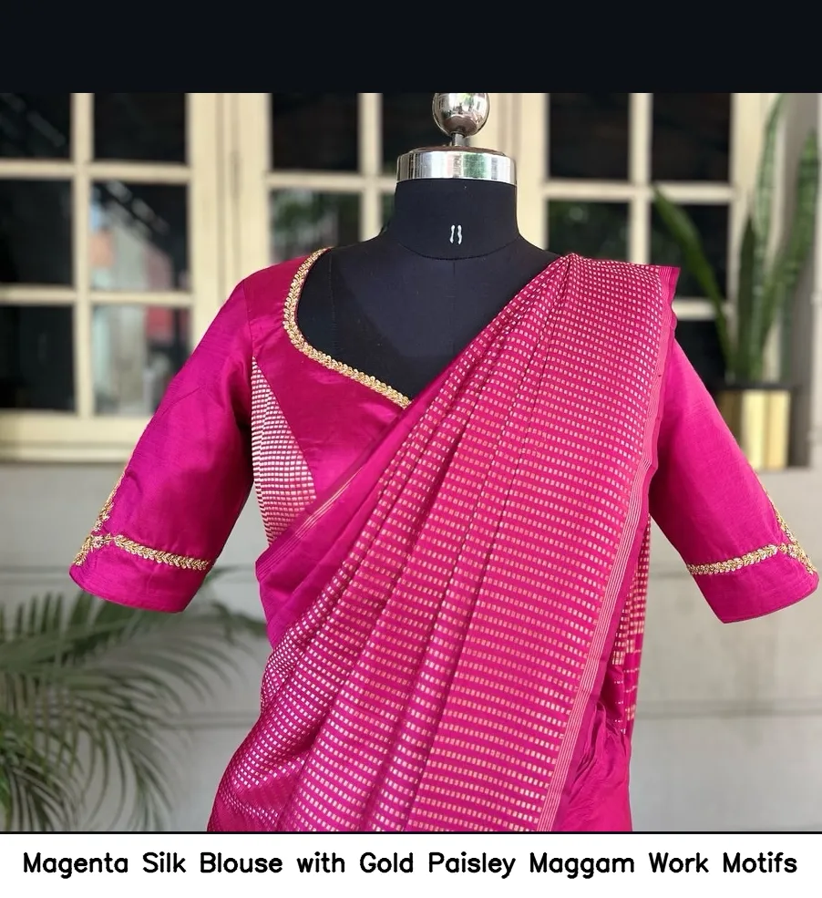 Magenta Silk Blouse with Gold Paisley Maggam Work Motifs