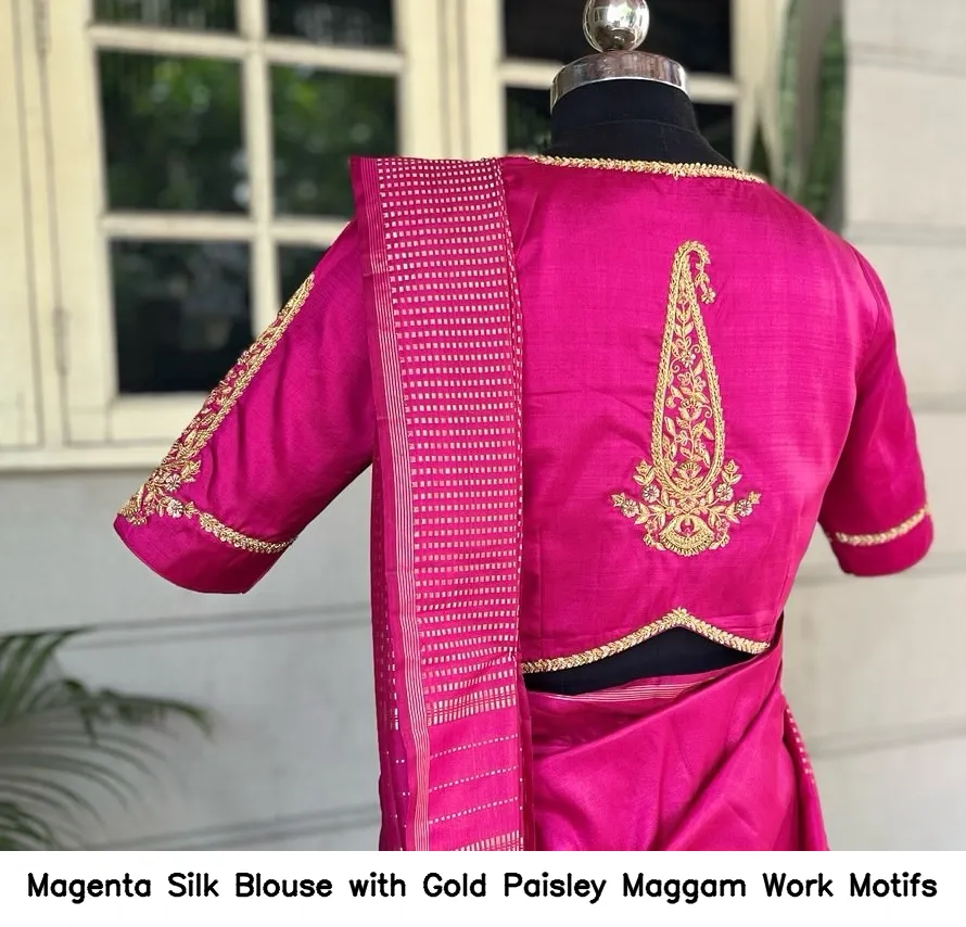 Magenta Silk Blouse with Gold Paisley Maggam Work Motifs