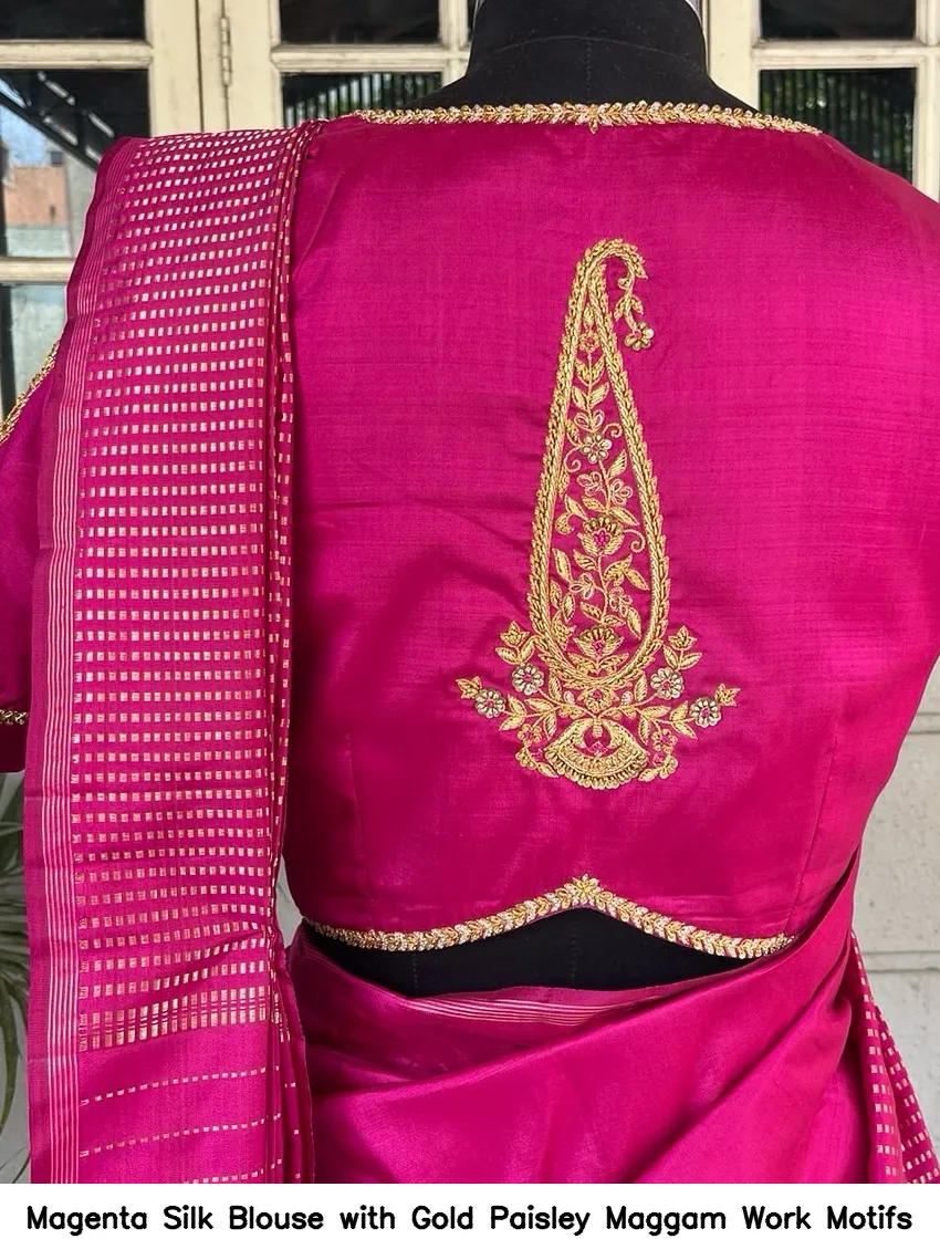Magenta Silk Blouse with Gold Paisley Maggam Work Motifs