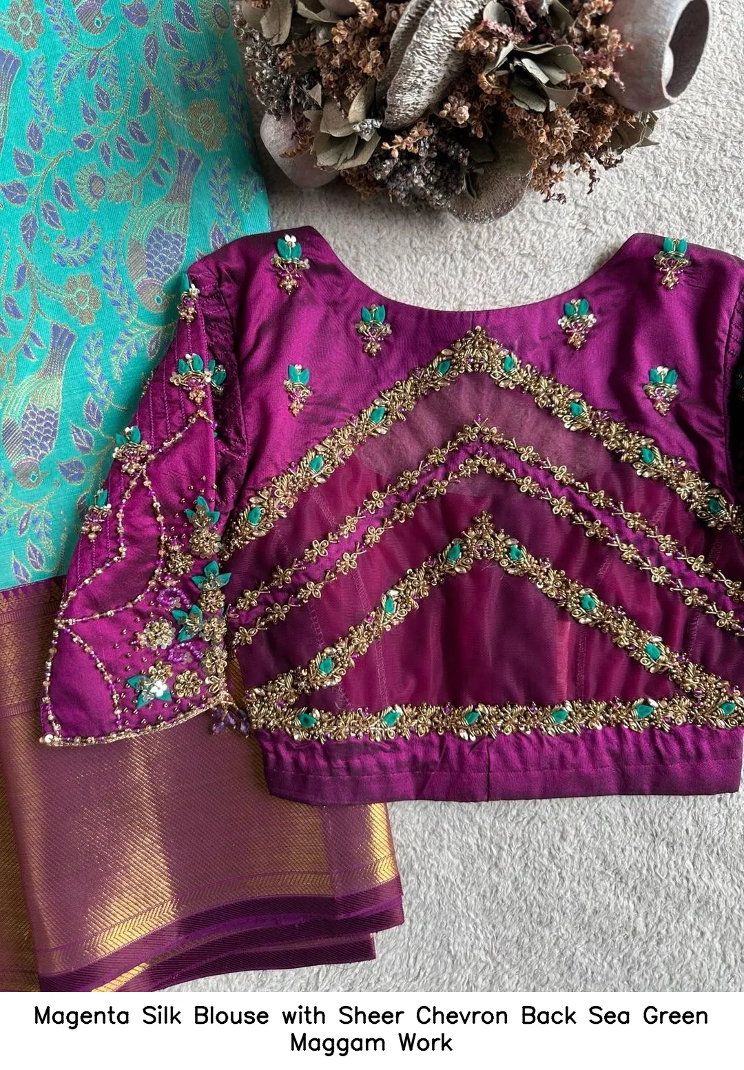 Magenta Silk Blouse with Sheer Chevron Back Sea Green Maggam Work
