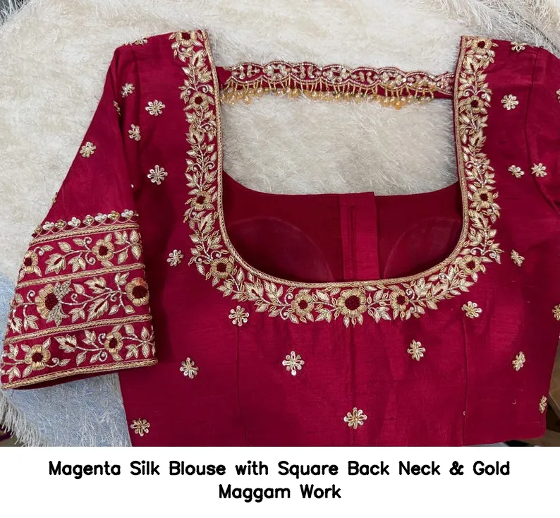 Magenta Silk Blouse with Square Back Neck & Gold Maggam Work