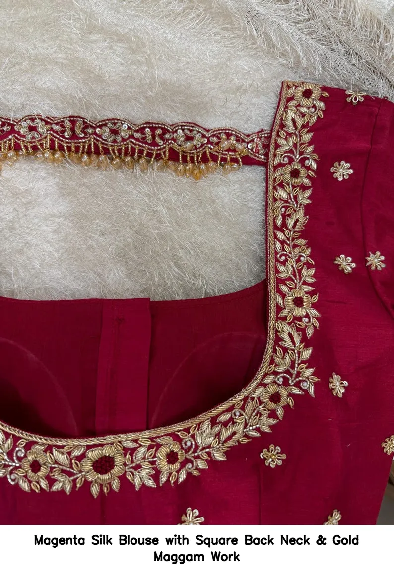 Magenta Silk Blouse with Square Back Neck & Gold Maggam Work