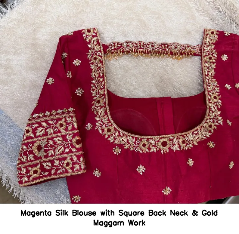 Magenta Silk Blouse with Square Back Neck & Gold Maggam Work