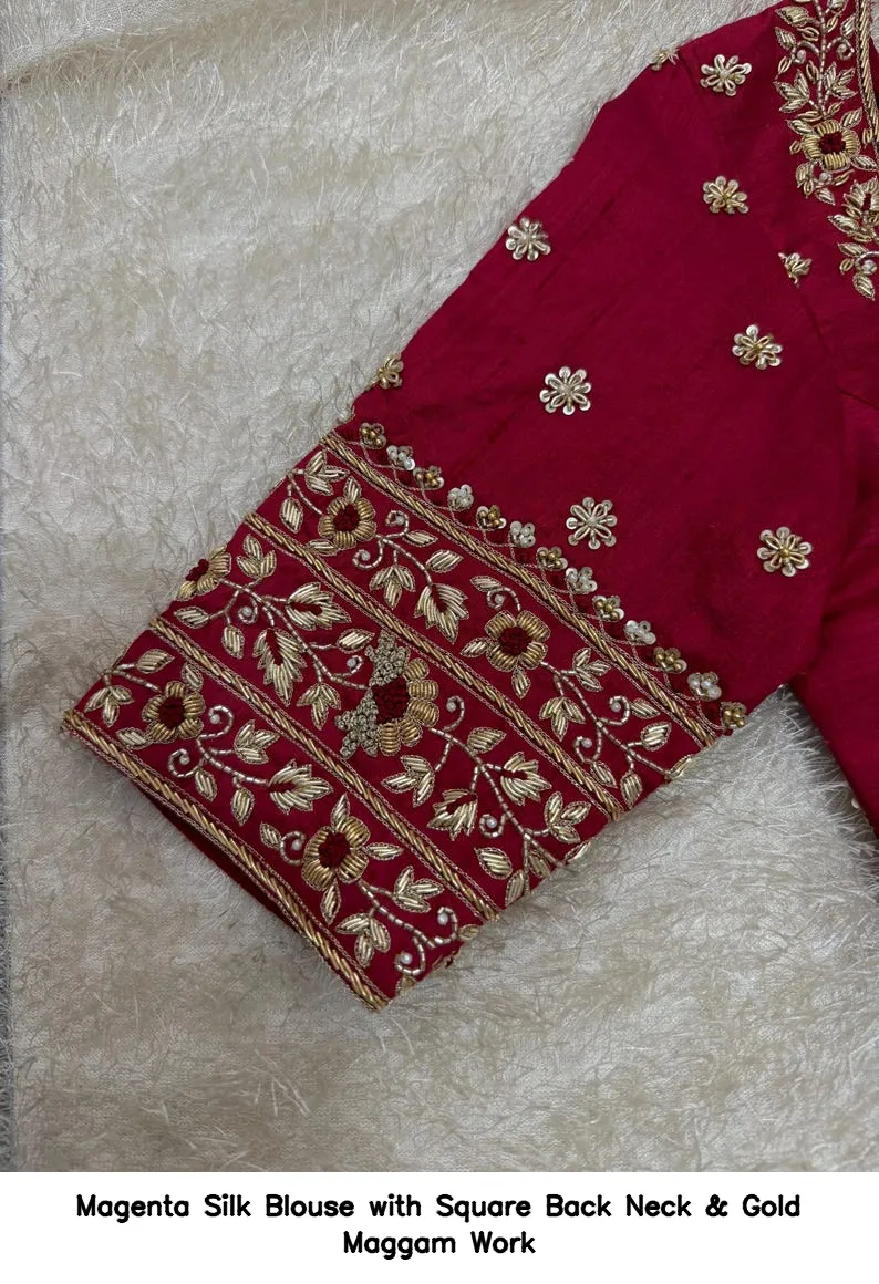 Magenta Silk Blouse with Square Back Neck & Gold Maggam Work