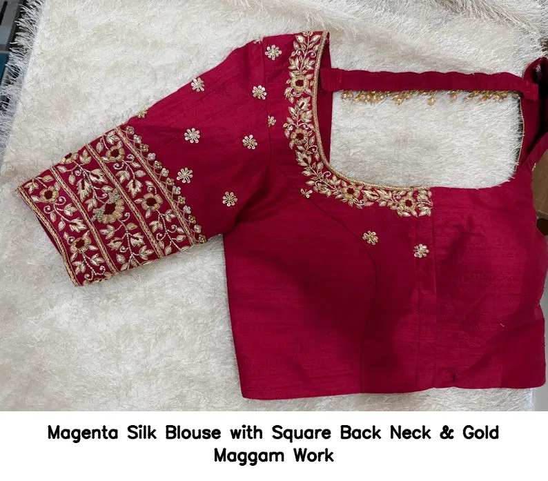 Magenta Silk Blouse with Square Back Neck & Gold Maggam Work