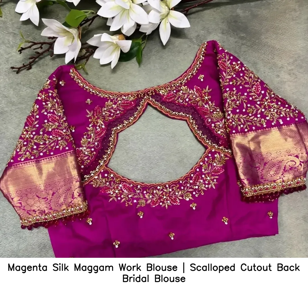 Magenta Silk Maggam Work Blouse | Scalloped Cutout Back Bridal Blouse