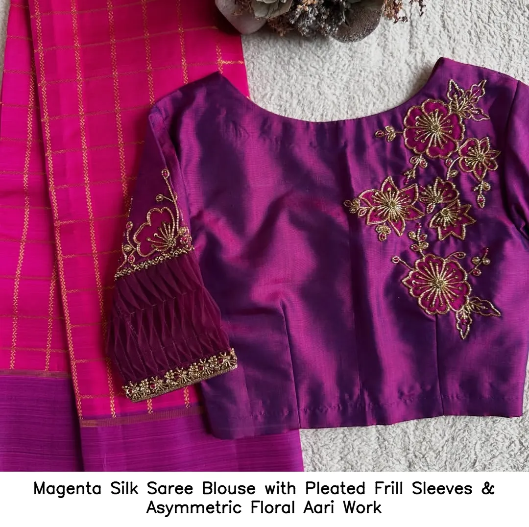 Magenta Silk Saree Blouse with Pleated Frill Sleeves & Asymmetric Floral Aari Work