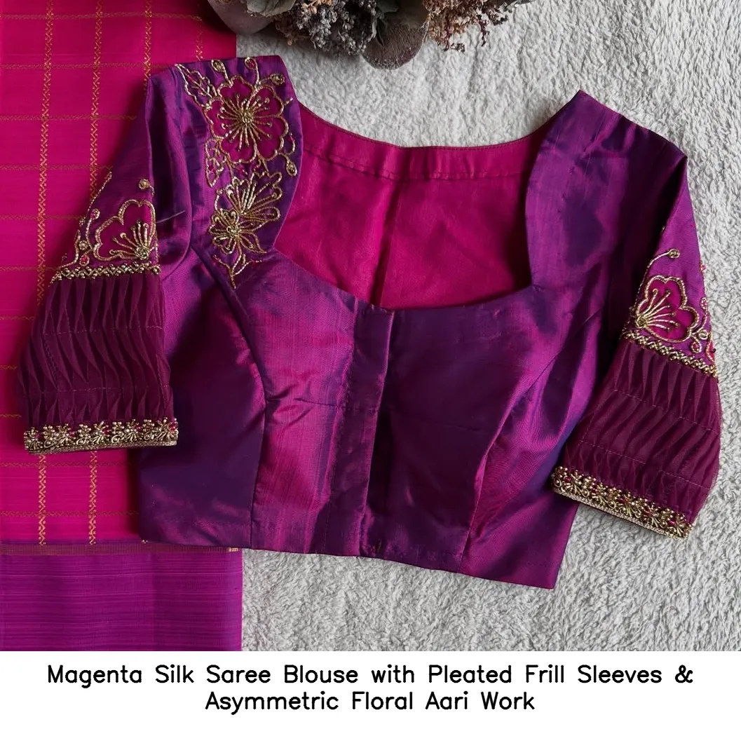 Magenta Silk Saree Blouse with Pleated Frill Sleeves & Asymmetric Floral Aari Work