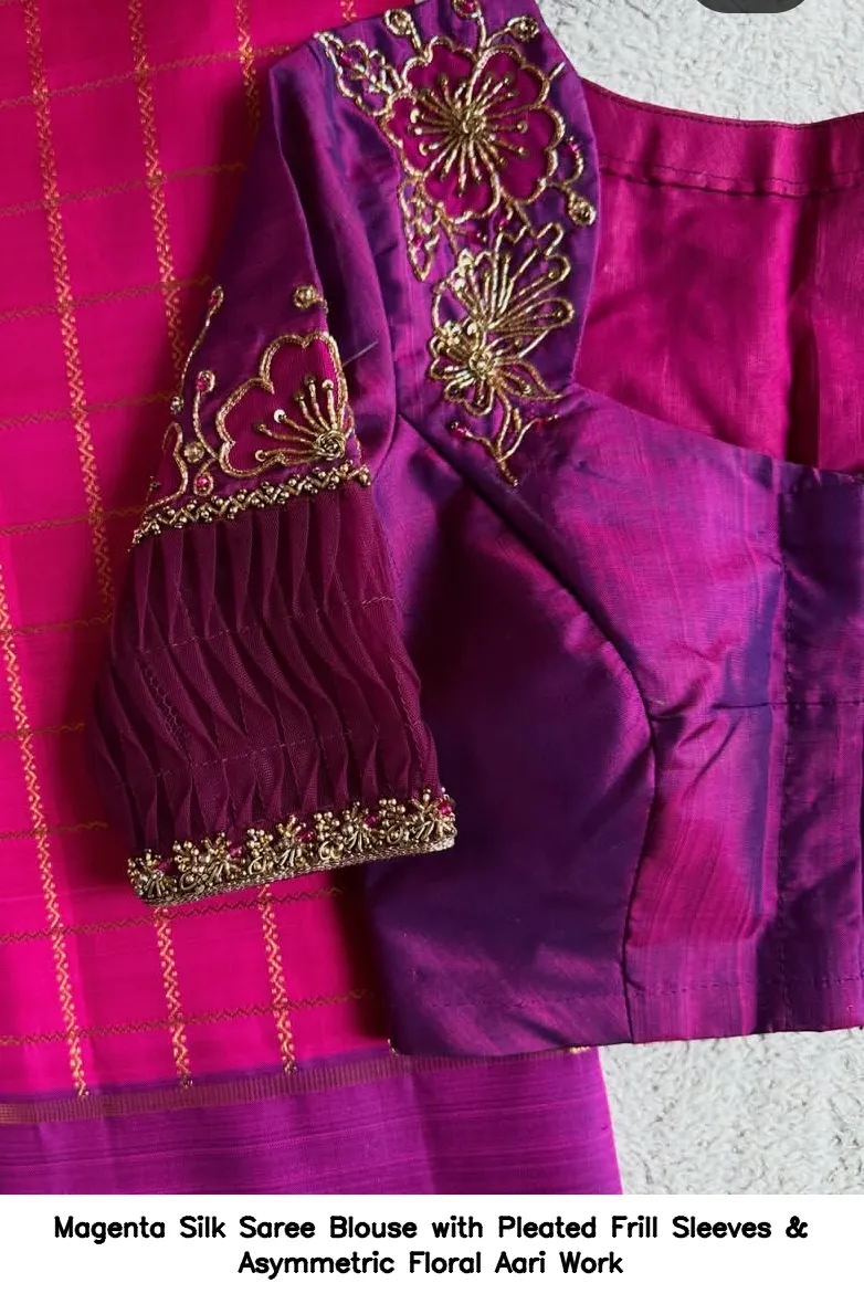 Magenta Silk Saree Blouse with Pleated Frill Sleeves & Asymmetric Floral Aari Work