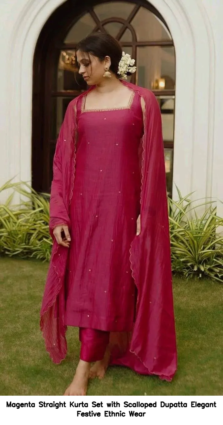 Magenta Straight Kurta Set with Scalloped Dupatta – Elegant Festive Ethnic Wear