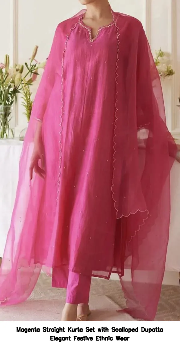 Magenta Straight Kurta Set with Scalloped Dupatta – Elegant Festive Ethnic Wear 2