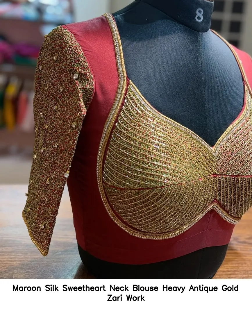 Maroon Silk Sweetheart Neck Blouse Heavy Antique Gold Zari Work