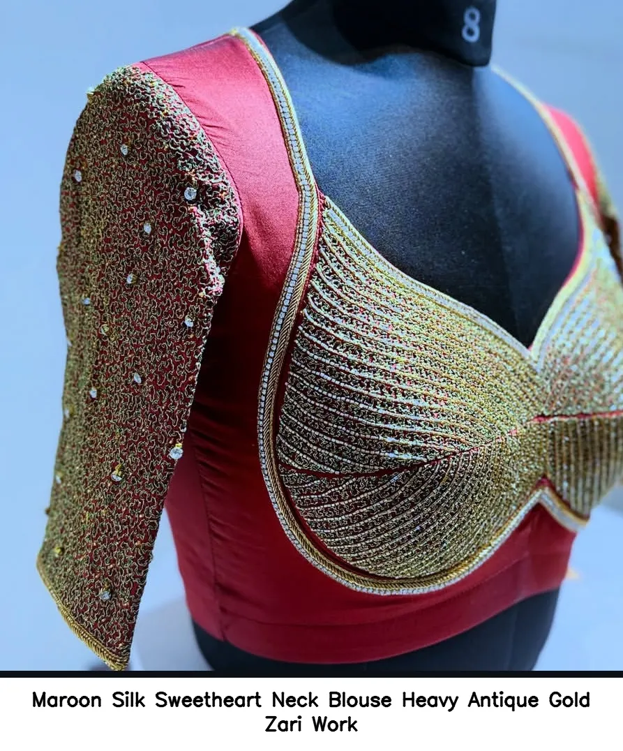 Maroon Silk Sweetheart Neck Blouse Heavy Antique Gold Zari Work