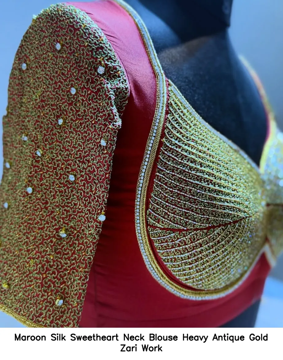 Maroon Silk Sweetheart Neck Blouse Heavy Antique Gold Zari Work