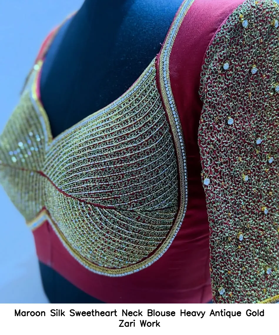 Maroon Silk Sweetheart Neck Blouse Heavy Antique Gold Zari Work
