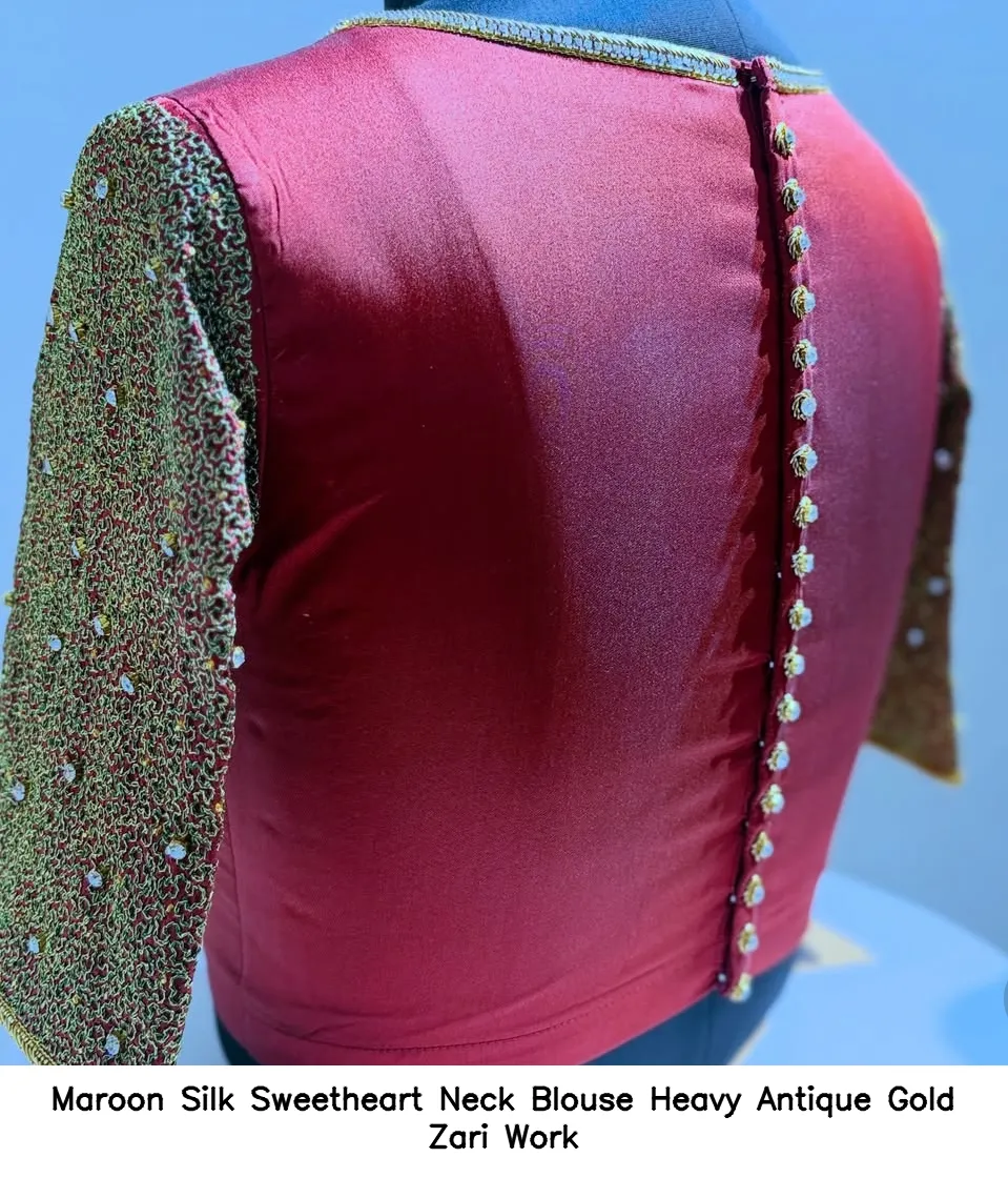 Maroon Silk Sweetheart Neck Blouse Heavy Antique Gold Zari Work
