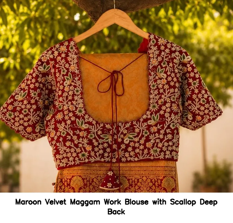 Maroon Velvet Maggam Work Blouse with Scallop Deep Back