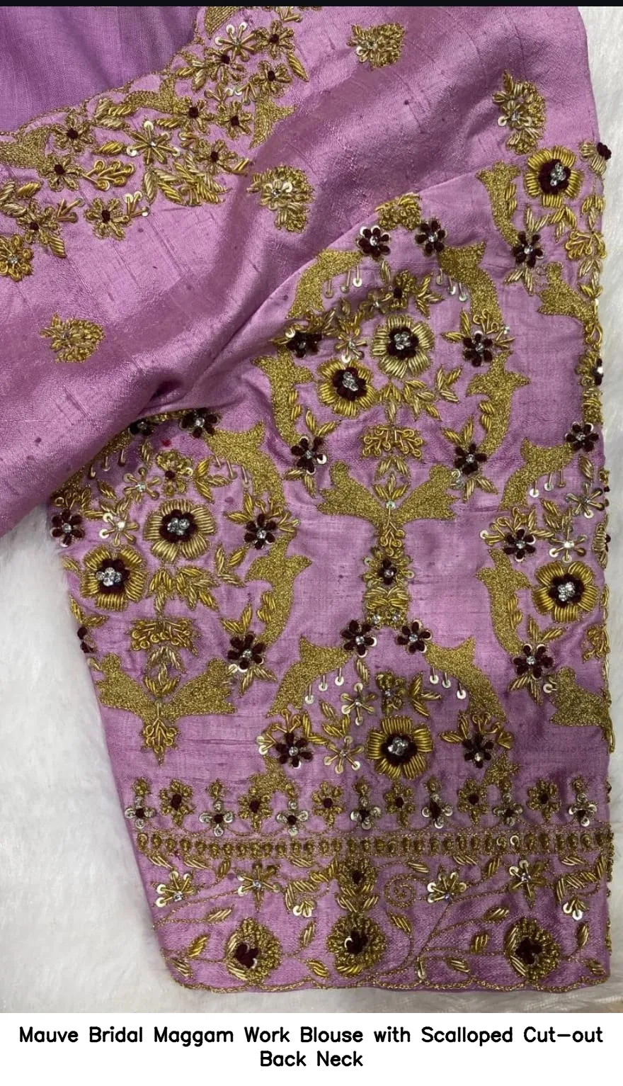 Mauve Bridal Maggam Work Blouse with Scalloped Cut-out Back Neck
