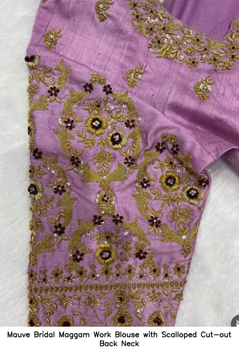 Mauve Bridal Maggam Work Blouse with Scalloped Cut-out Back Neck
