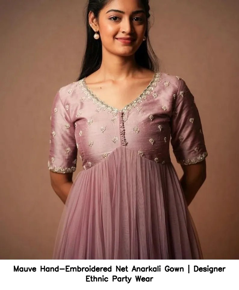Mauve Hand-Embroidered Net Anarkali Gown | Designer Ethnic Party Wear