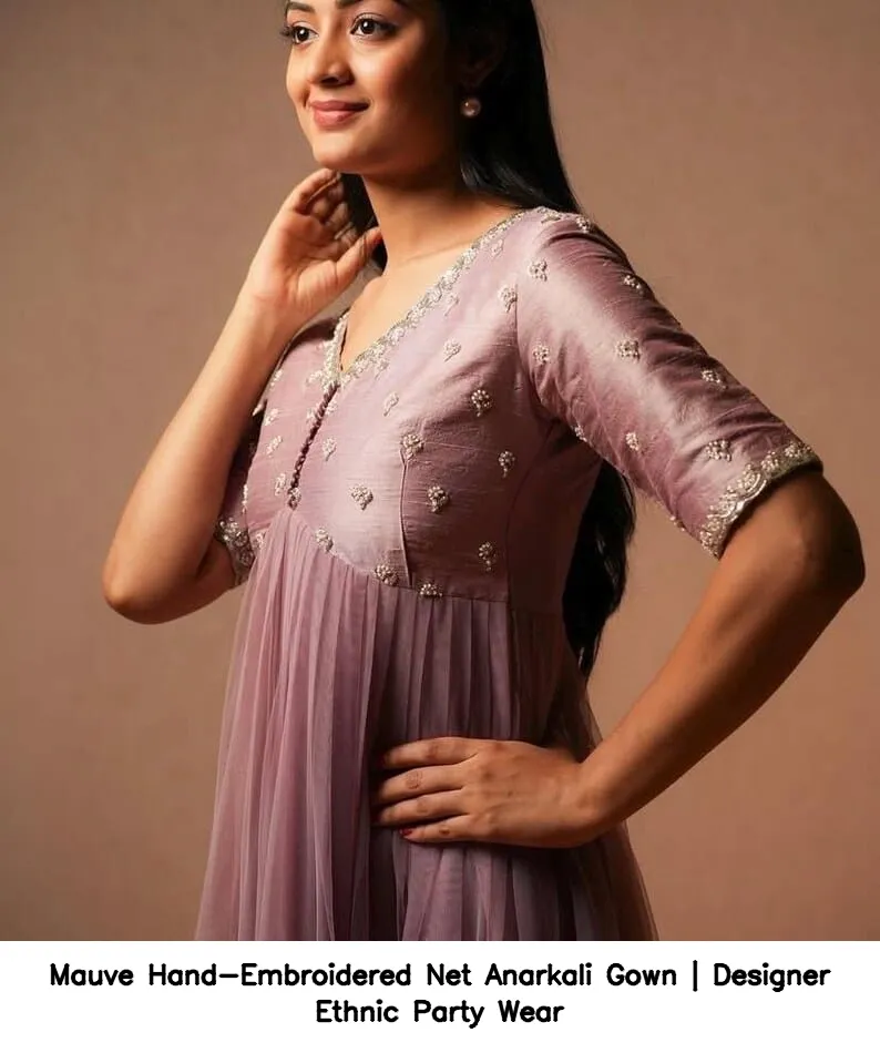 Mauve Hand-Embroidered Net Anarkali Gown | Designer Ethnic Party Wear 3
