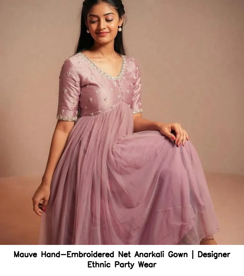 Mauve Hand-Embroidered Net Anarkali Gown | Designer Ethnic Party Wear 5