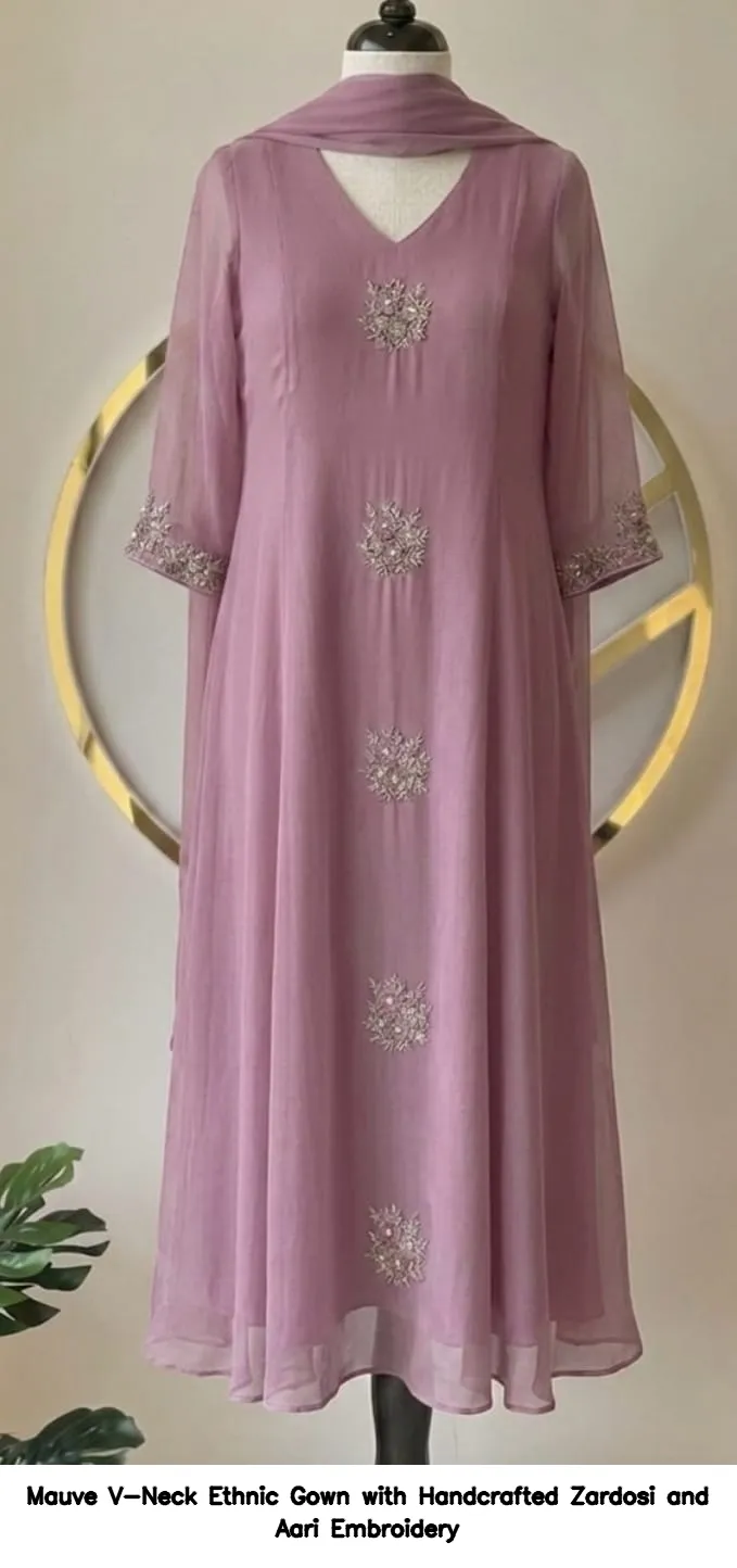 Mauve V-Neck Ethnic Gown with Handcrafted Zardosi and Aari Embroidery