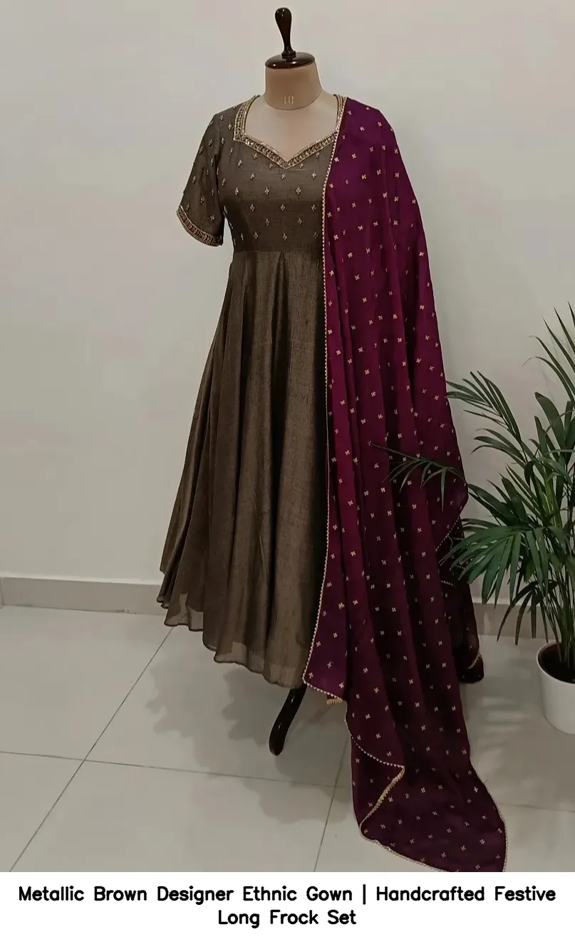 Metallic Brown Designer Ethnic Gown | Handcrafted Festive Long Frock Set