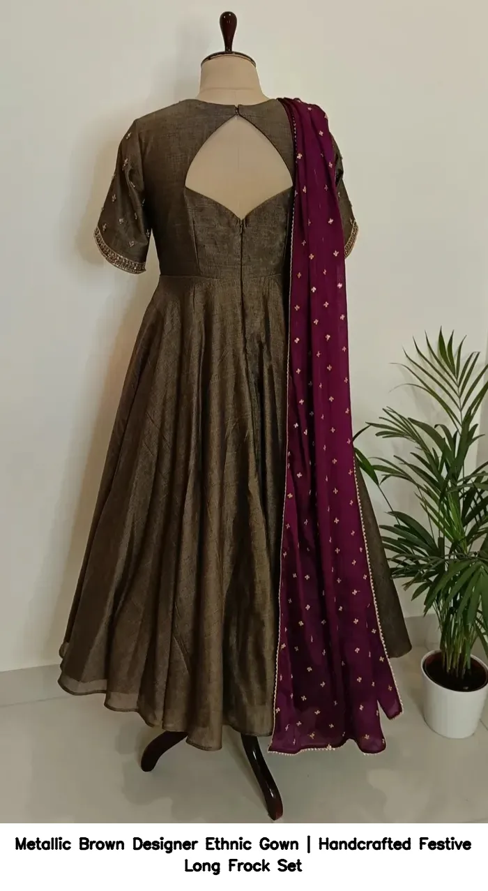Metallic Brown Designer Ethnic Gown | Handcrafted Festive Long Frock Set