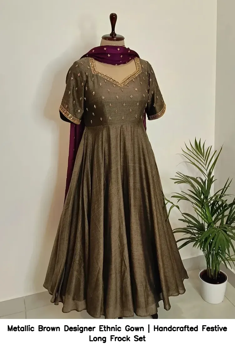 Metallic Brown Designer Ethnic Gown | Handcrafted Festive Long Frock Set