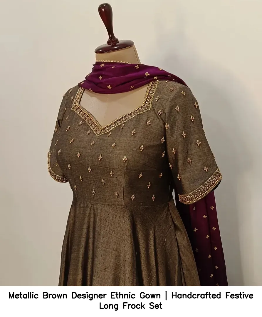 Metallic Brown Designer Ethnic Gown | Handcrafted Festive Long Frock Set