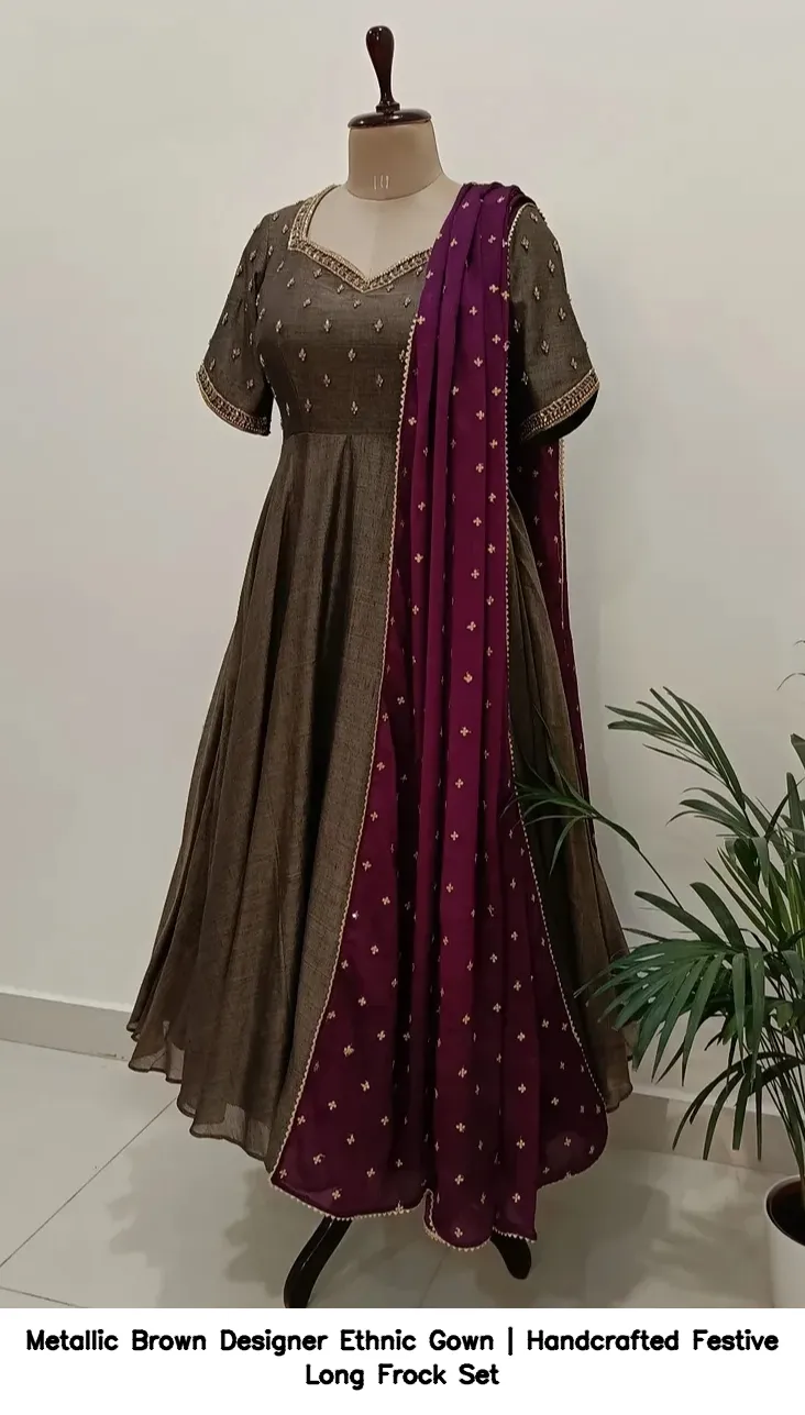 Metallic Brown Designer Ethnic Gown | Handcrafted Festive Long Frock Set