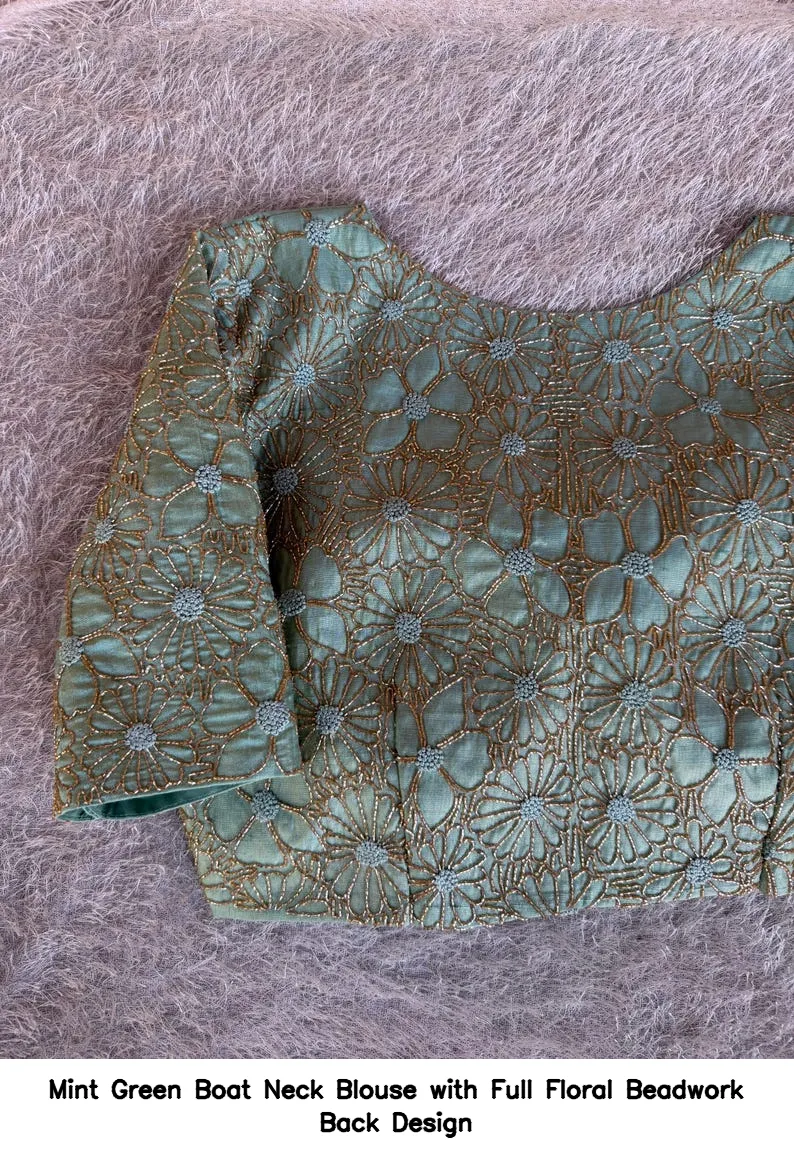 Mint Green Boat Neck Blouse with Full Floral Beadwork Back Design