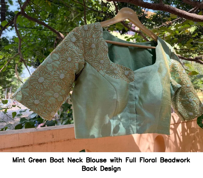 Mint Green Boat Neck Blouse with Full Floral Beadwork Back Design
