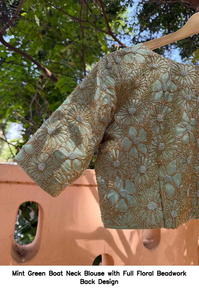 Mint Green Boat Neck Blouse with Full Floral Beadwork Back Design