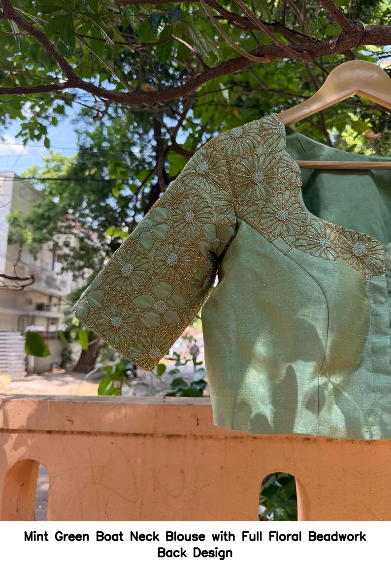 Mint Green Boat Neck Blouse with Full Floral Beadwork Back Design