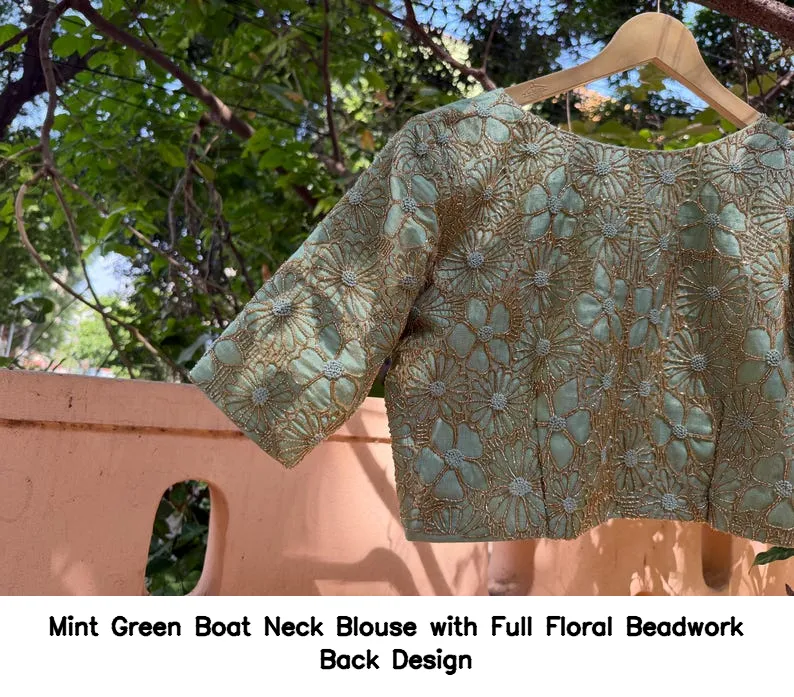 Mint Green Boat Neck Blouse with Full Floral Beadwork Back Design